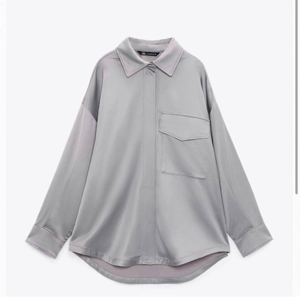 NWT Zara gray satin oversized button up long sleeve  shirt size S minimalist